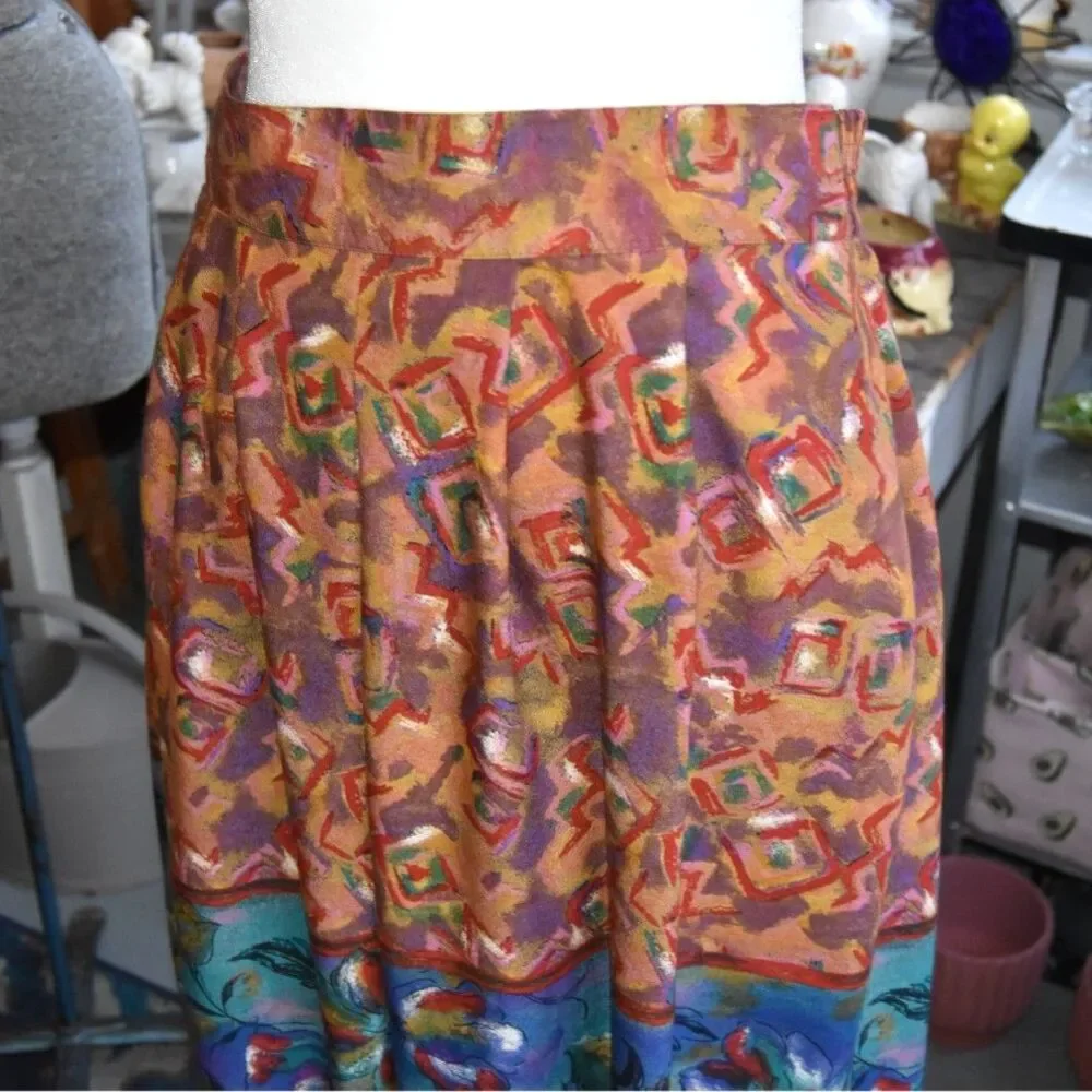 Vintage 90s Casual Corner Boho Scarf Print Midi Skirt High Waist Colorful Large
